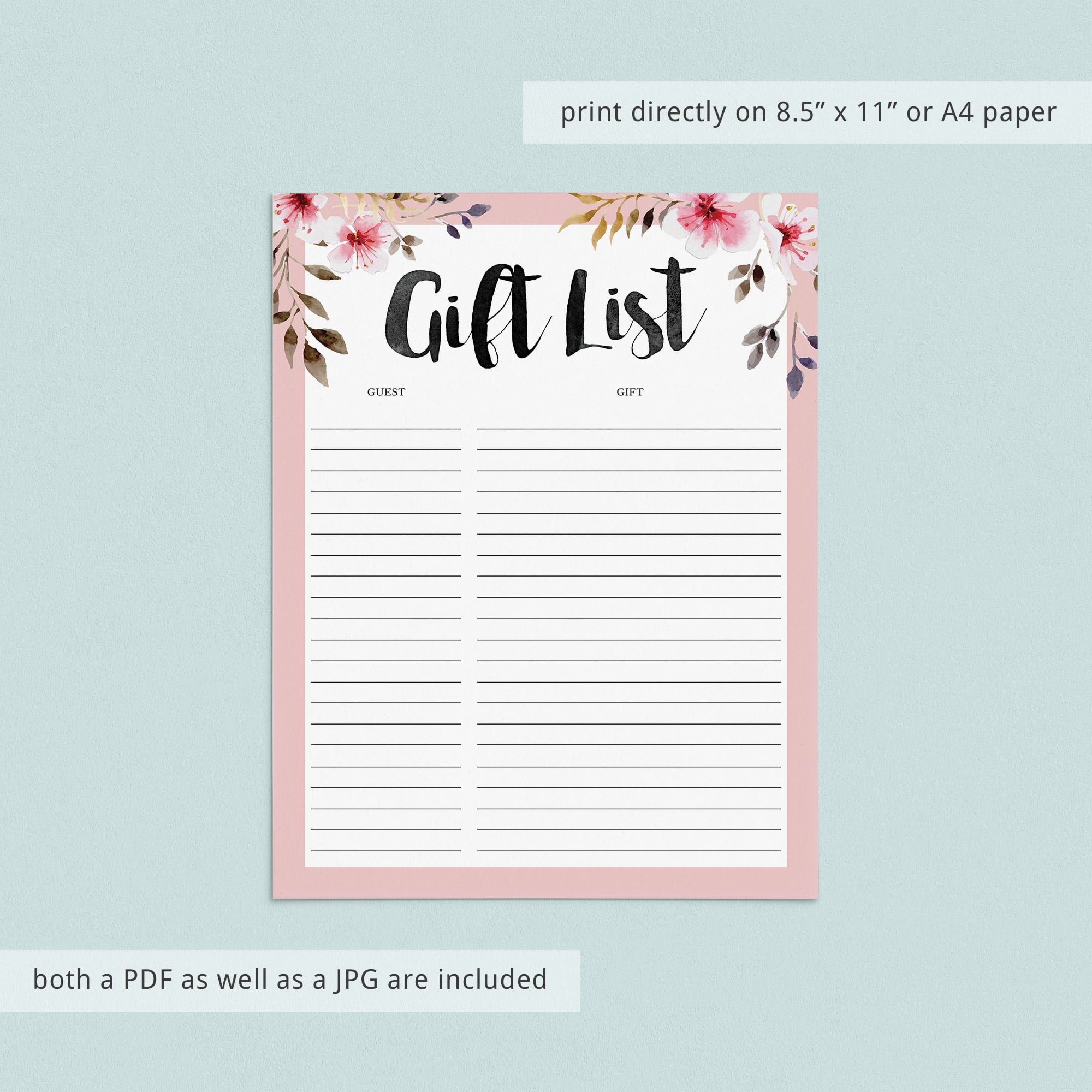Gift list printable PDF file with pink flowers by LittleSizzle