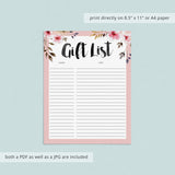Gift list printable PDF file with pink flowers by LittleSizzle