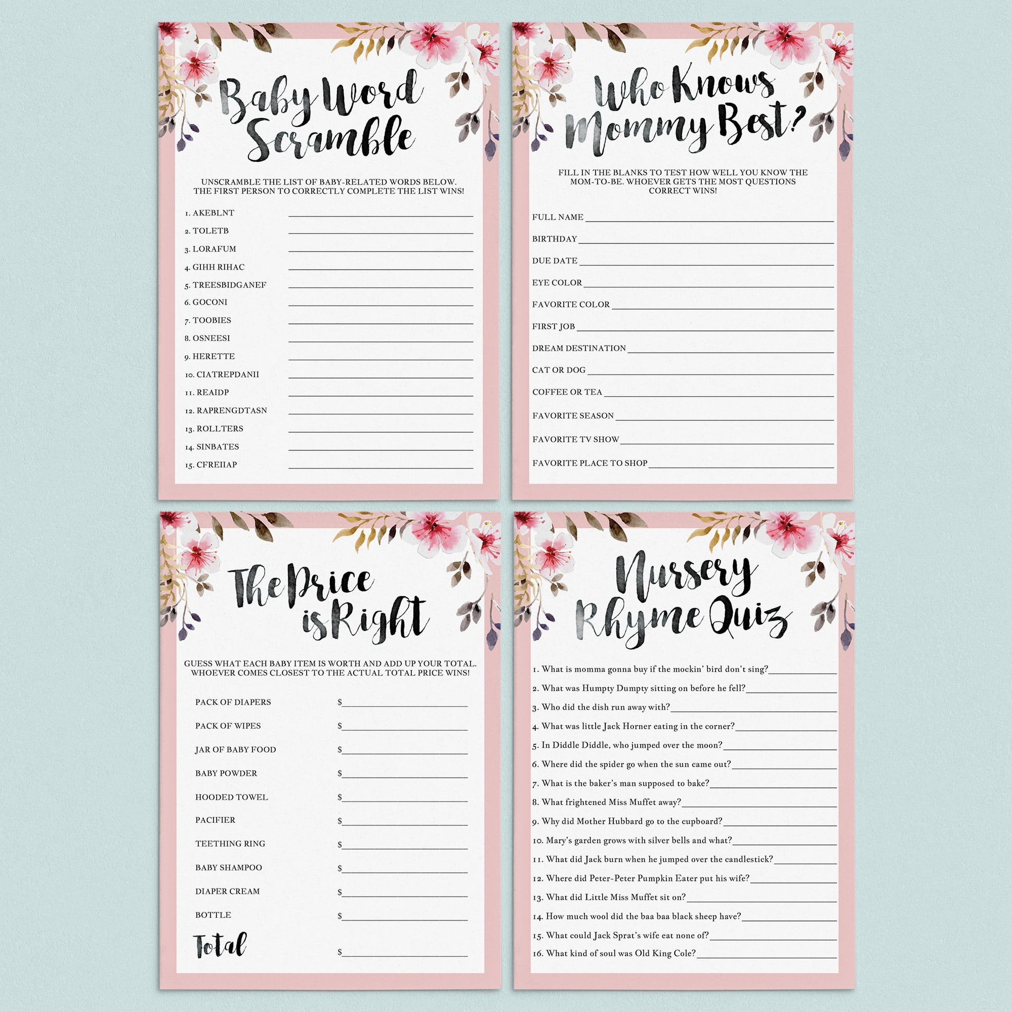 Floral themed DIY baby shower games bundle printable by LittleSizzle