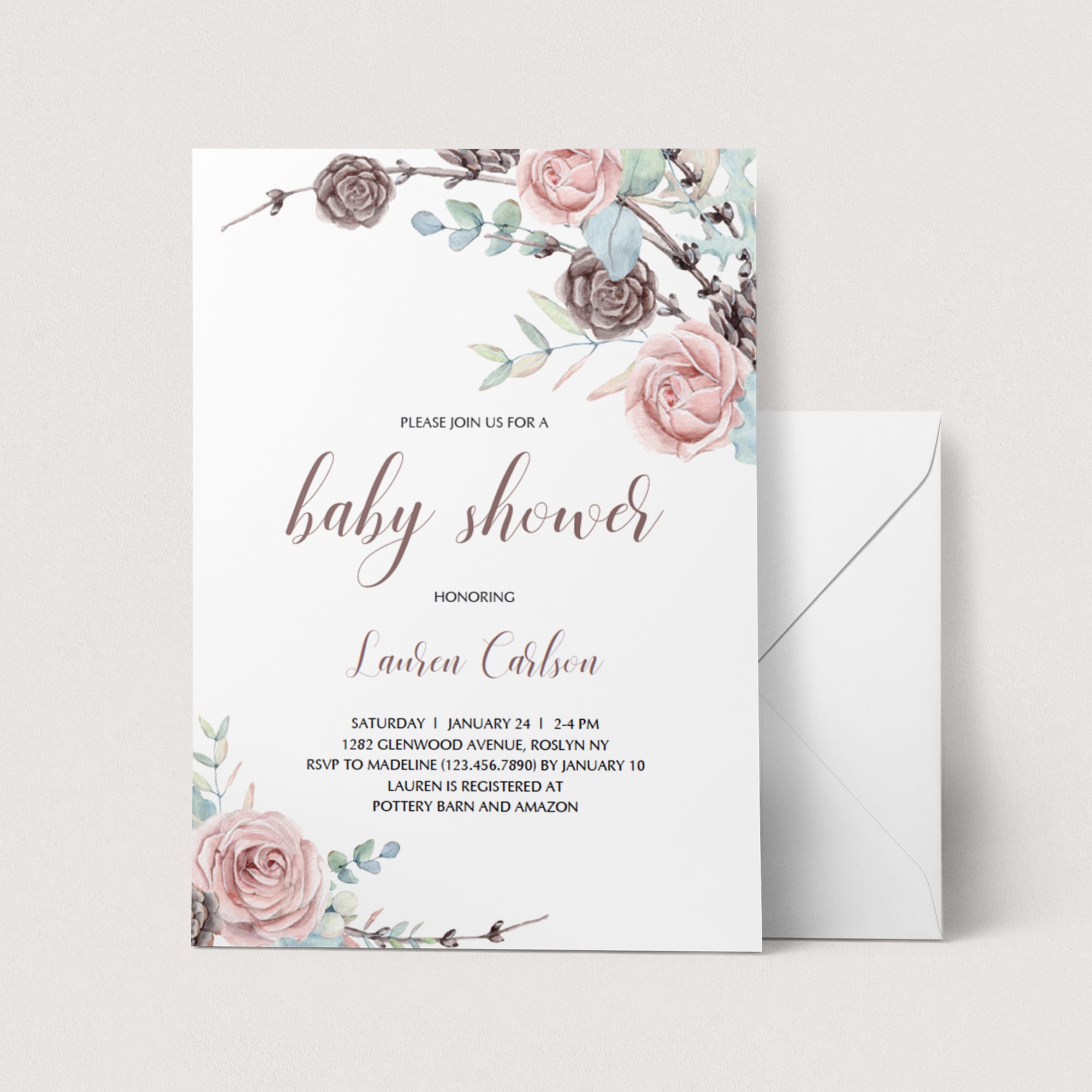 Pink roses baby shower invite template by LittleSizzle