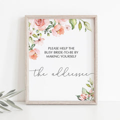 Bridal Shower Addressee Card Sign with Blush Flowers