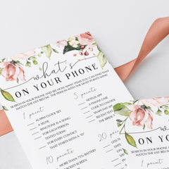 Blush Roses What's On Your Phone Bridal Shower Game Printable