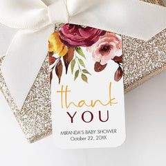 Editable Favor Tags for Baby Shower with Burgundy Flowers