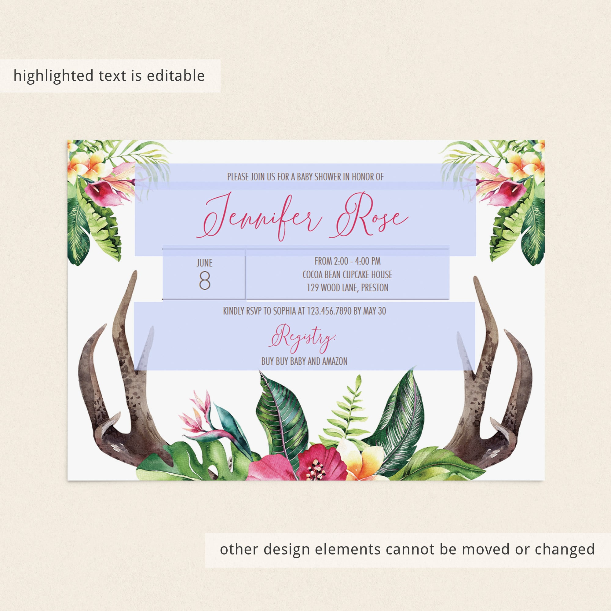Watercolor antlers and floral baby shower invitation by LittleSizzle