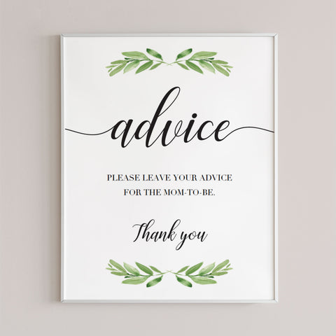 Greenery baby shower Advice Sign printable | Green baby shower decor ...