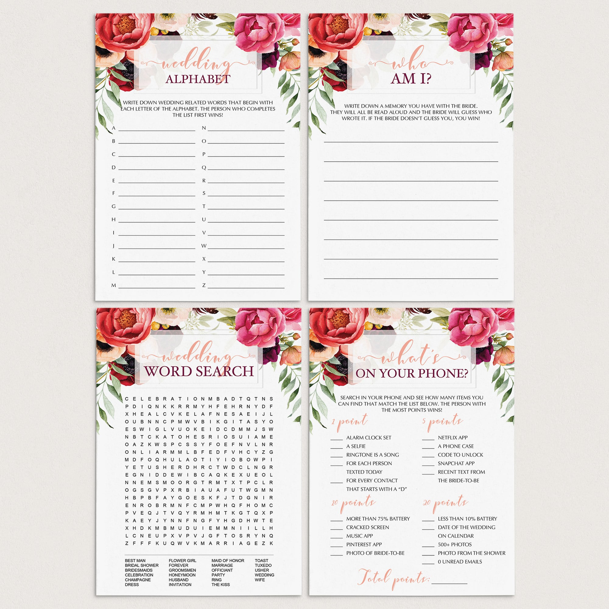 Red Floral Bridal Shower Games Package Download by LittleSizzle