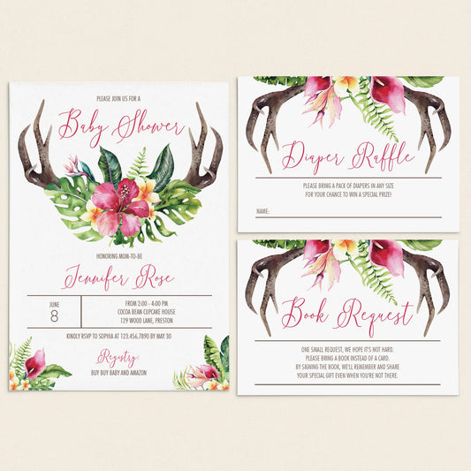 Floral antler baby shower invitation set download by LittleSizzle