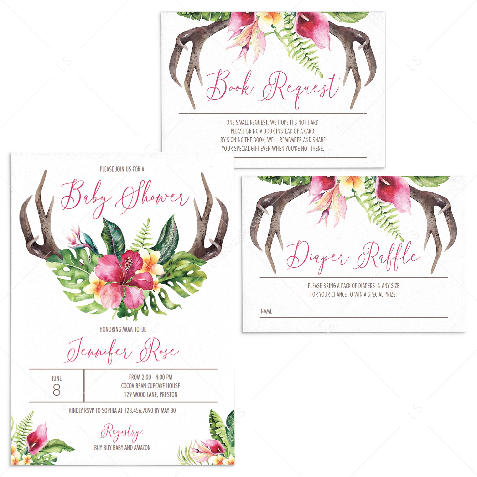Floral antler baby shower invitation set download by LittleSizzle