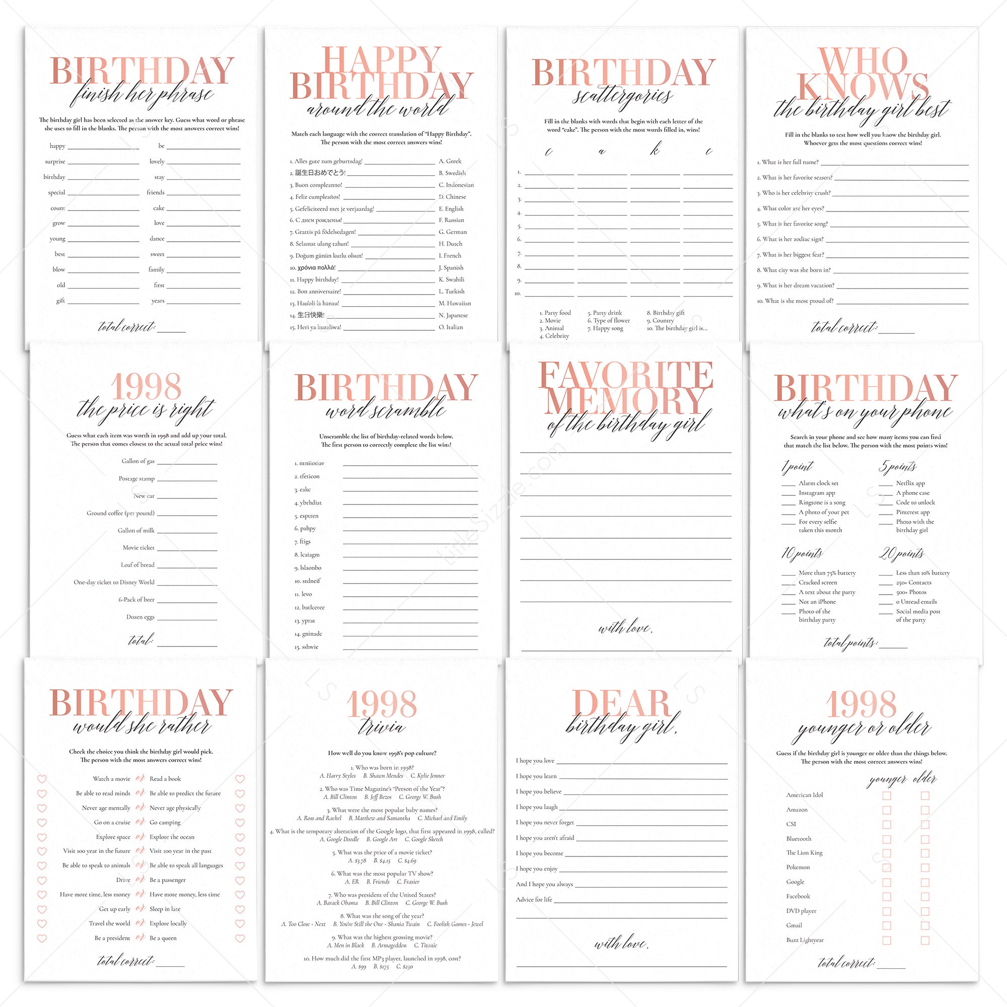 Born In 1998 25th Birthday Party Games Bundle For Women by LittleSizzle