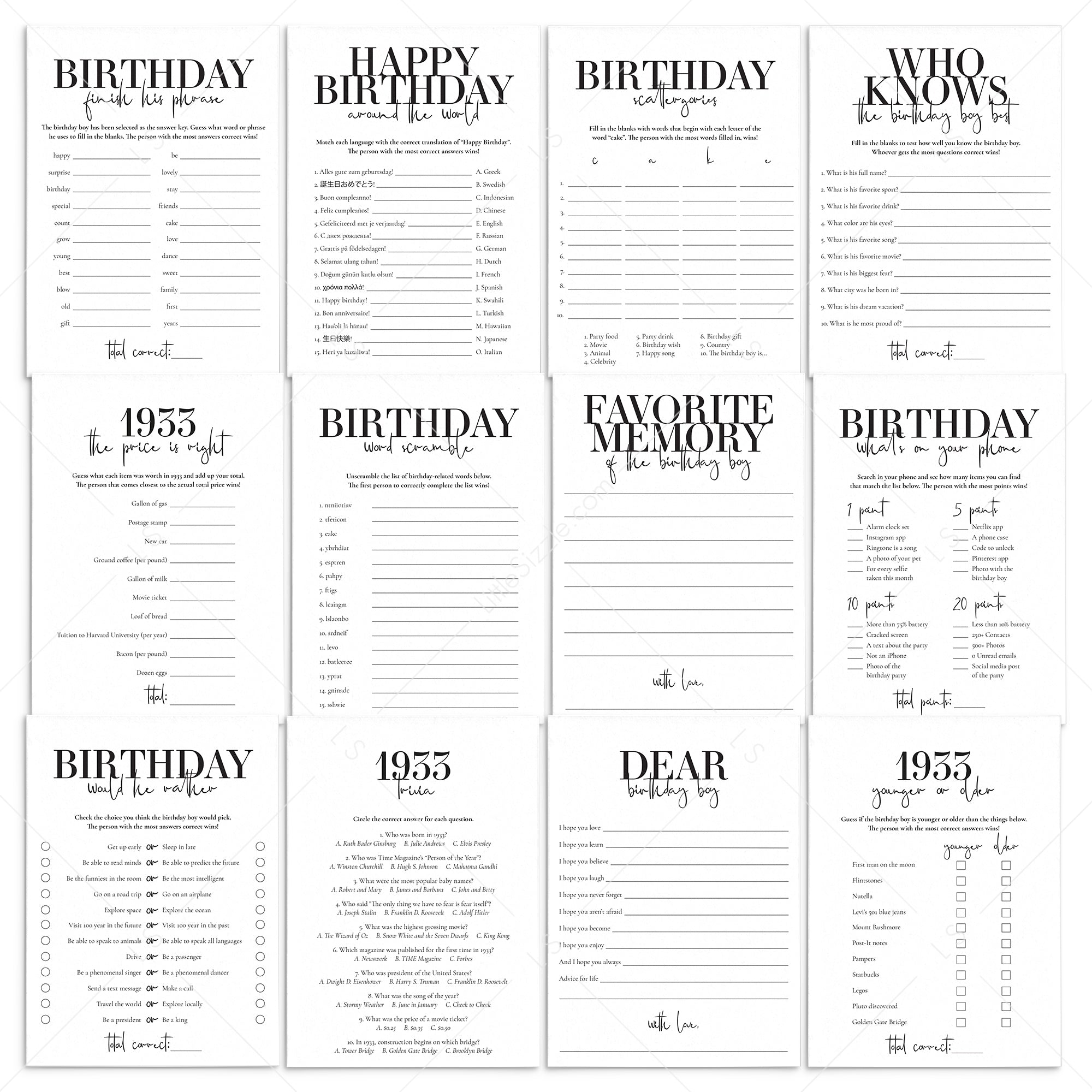 Born in 1933 92nd Birthday Party Games Bundle For Men by LittleSizzle