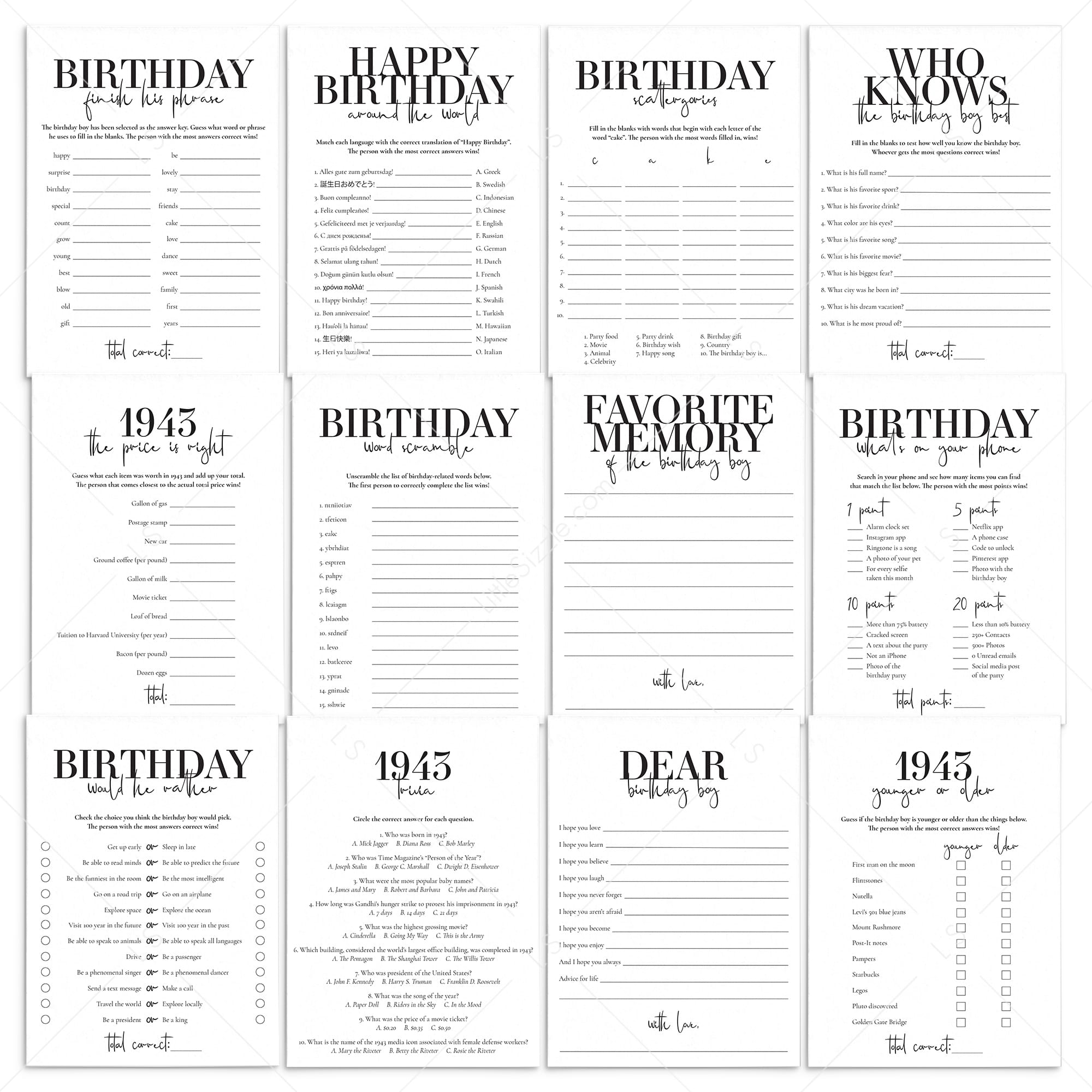 Born in 1943 80th Birthday Party Games Bundle For Men by LittleSizzle