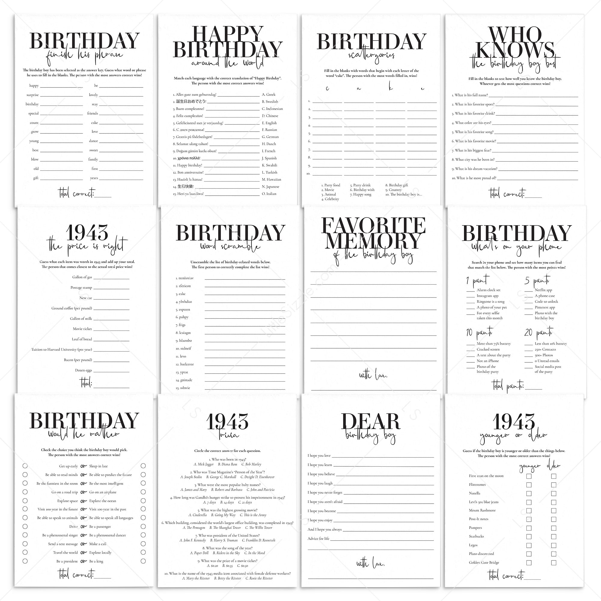 Born in 1943 82nd Birthday Party Games Bundle For Men by LittleSizzle