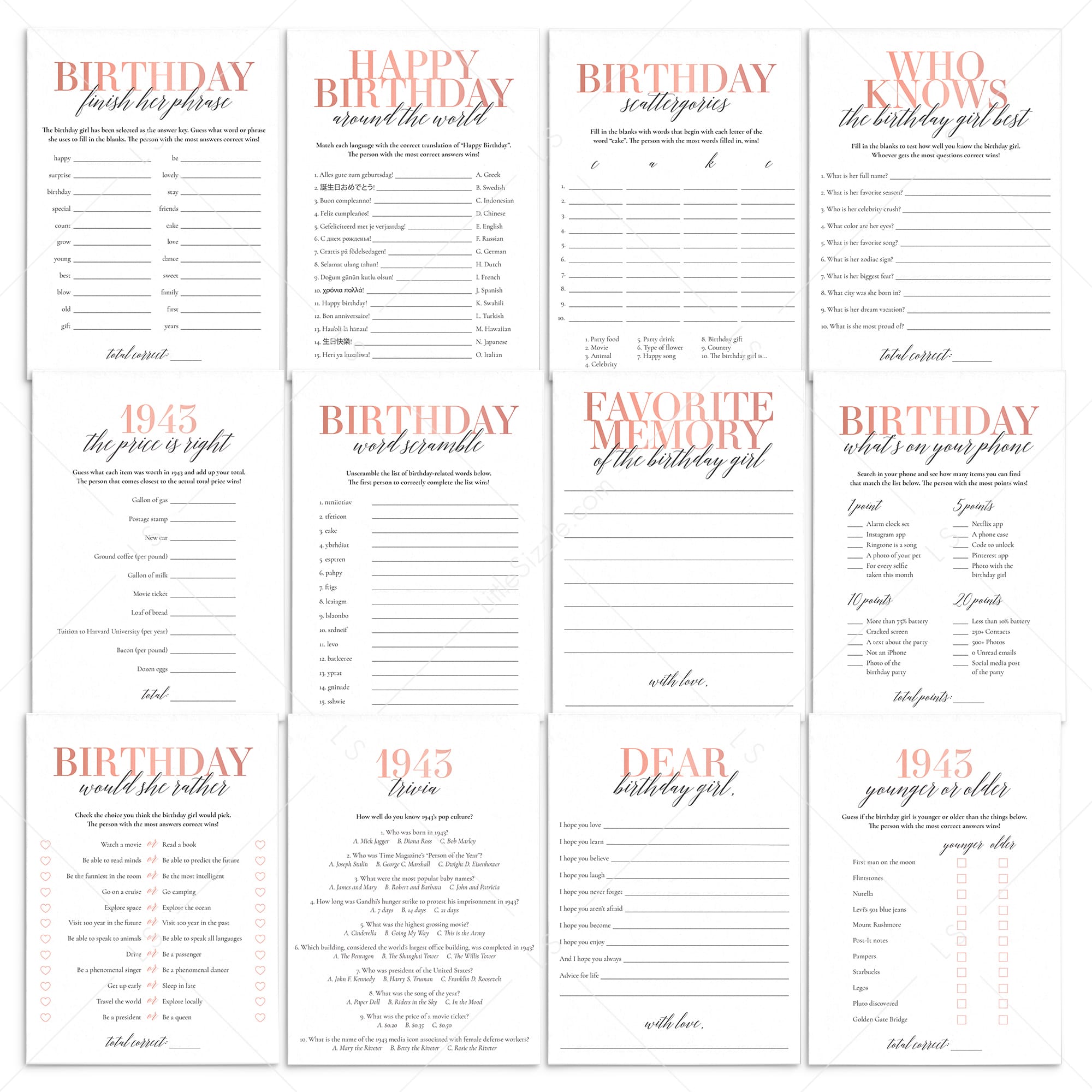 Born In 1943 80th Birthday Party Games Bundle For Women by LittleSizzle