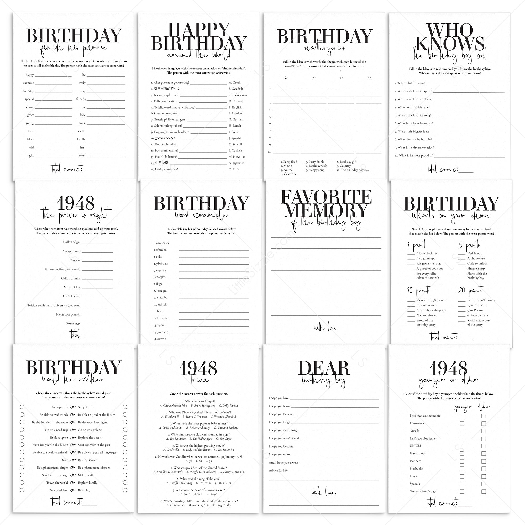 Born in 1948 75th Birthday Party Games Bundle For Men by LittleSizzle