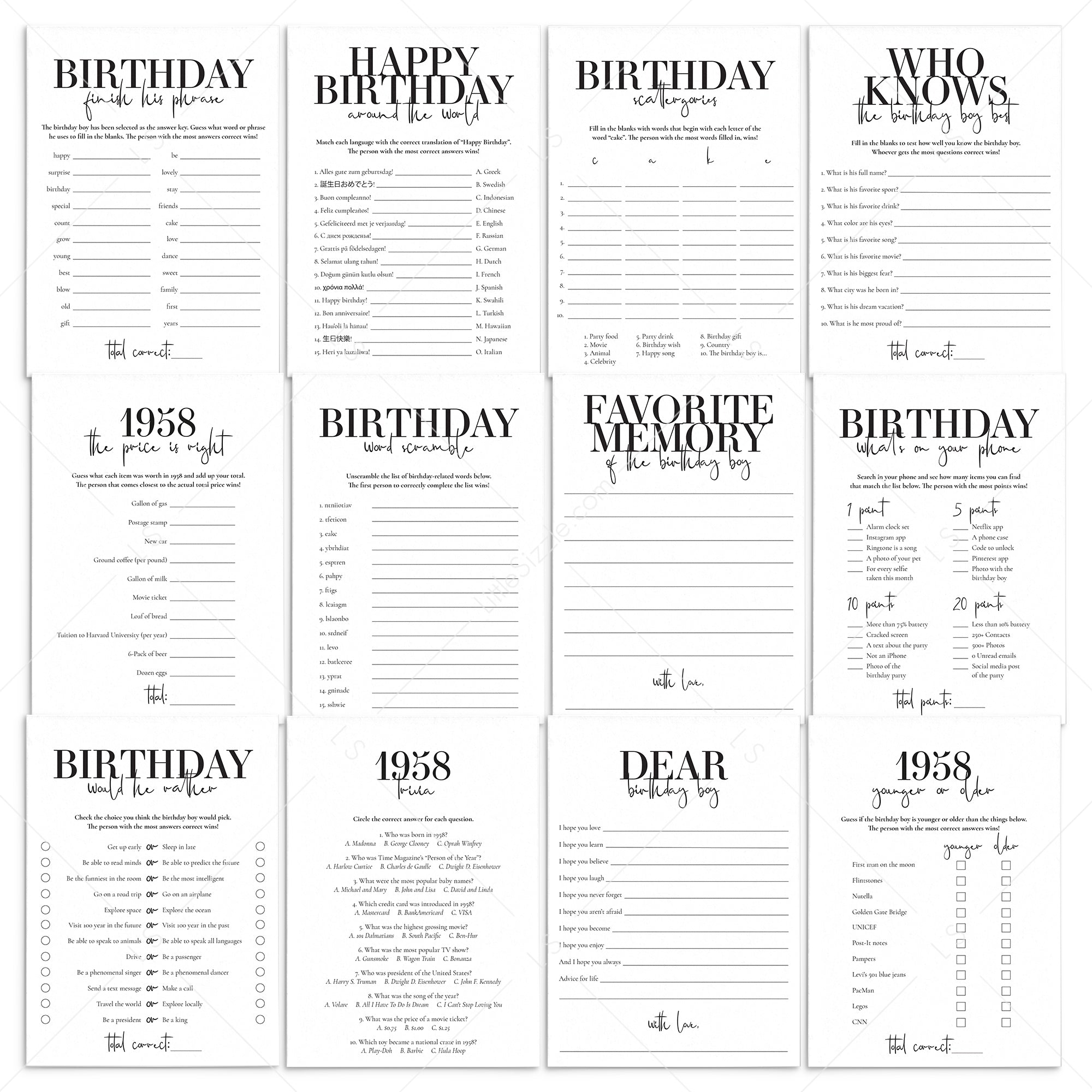Born in 1958 65th Birthday Party Games Bundle For Men by LittleSizzle