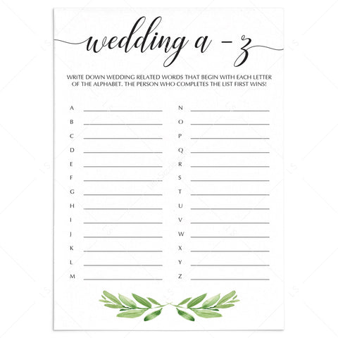 Green Wedding A-Z Game for Bridal Shower Printable | Instant download ...