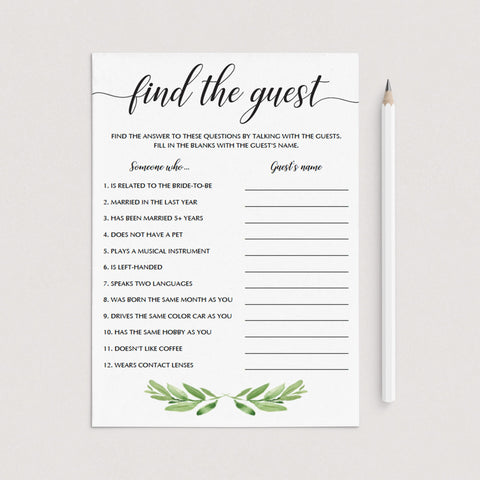 Greenery Bridal Shower Game - Find the Guest Editable Template ...