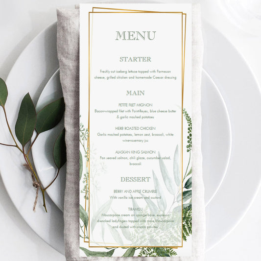 Greenery and gold menu cards printable by LittleSizzle