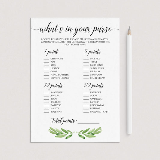Green and Pink Whats In Your Purse Bridal Shower Printables – LittleSizzle