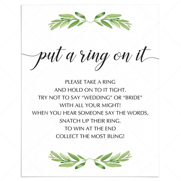 Green Bridal Shower Put a Ring on it Game Sign Printable
