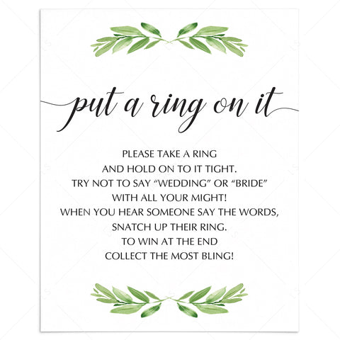 Green Bridal Shower Put a Ring on it Game Sign Printable – LittleSizzle