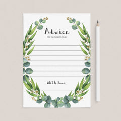 Greenery Baby Shower Advice Card Printable & Fillable PDF Template