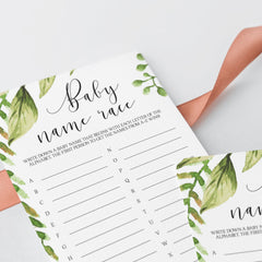 Watercolor green leaf baby shower game download by LittleSizzle