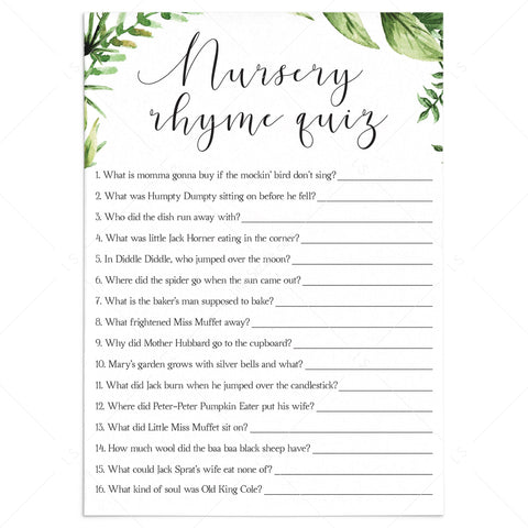 Greenery Nursery Rhyme Quiz babyshower game printable | Instant ...