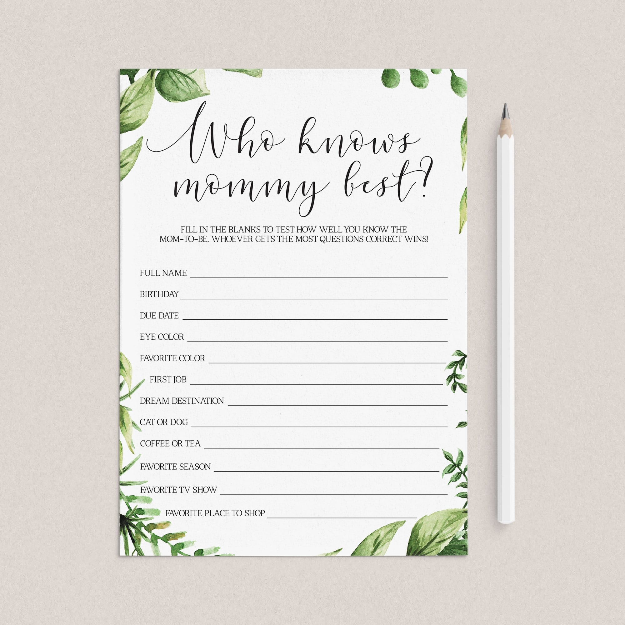 Greenery baby shower mommy quiz instant download by LittleSizzle