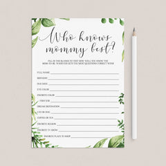 Greenery baby shower mommy quiz instant download by LittleSizzle