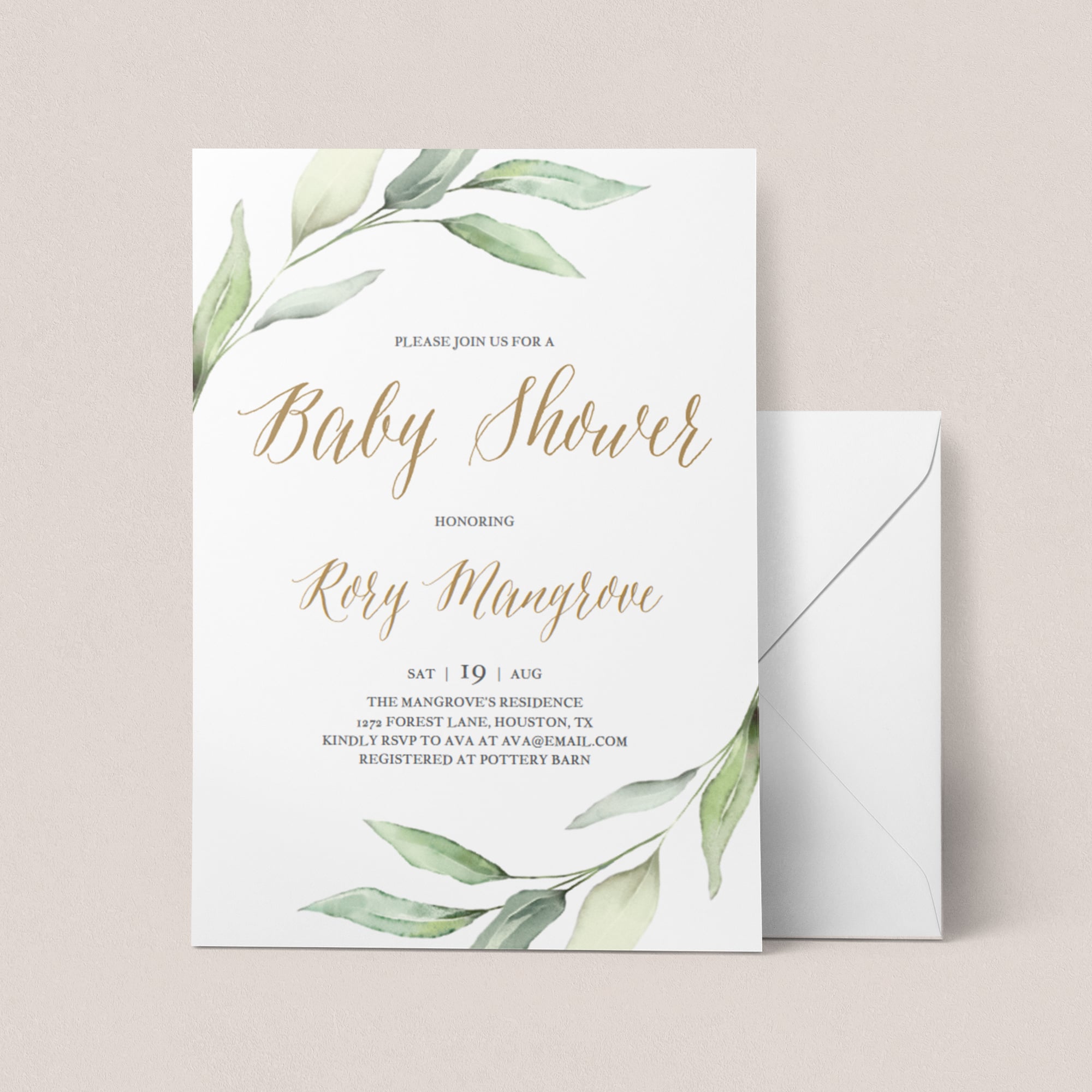 Watercolor green and gold baby shower invitation template by LittleSizzle