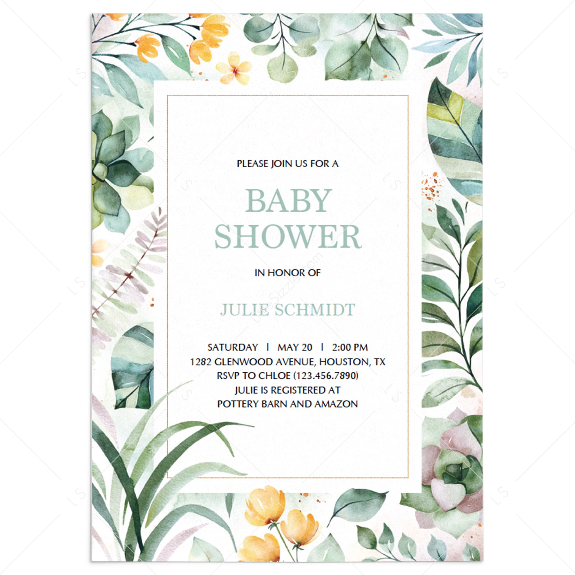 Botanical baby shower invitation template by LittleSizzle