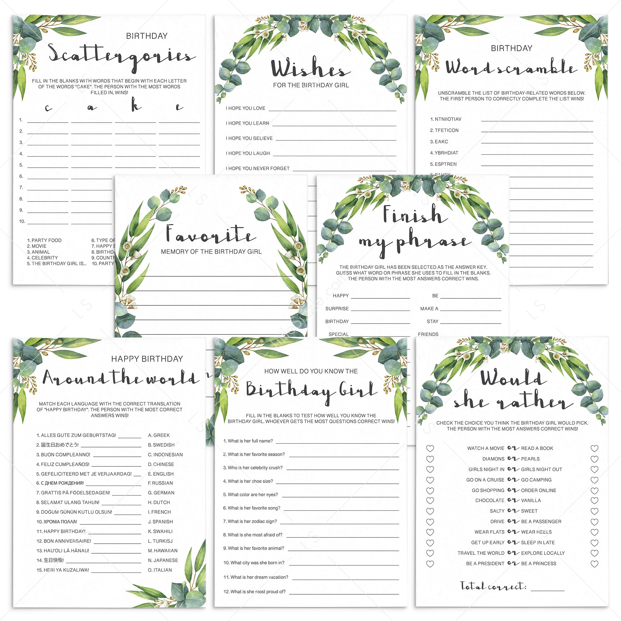 Eucalyptus Party Games Bundle For Women Printable by LittleSizzle