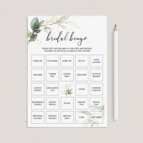 Gold And Green Bridal Bingo Game For Unpacking Gifts 