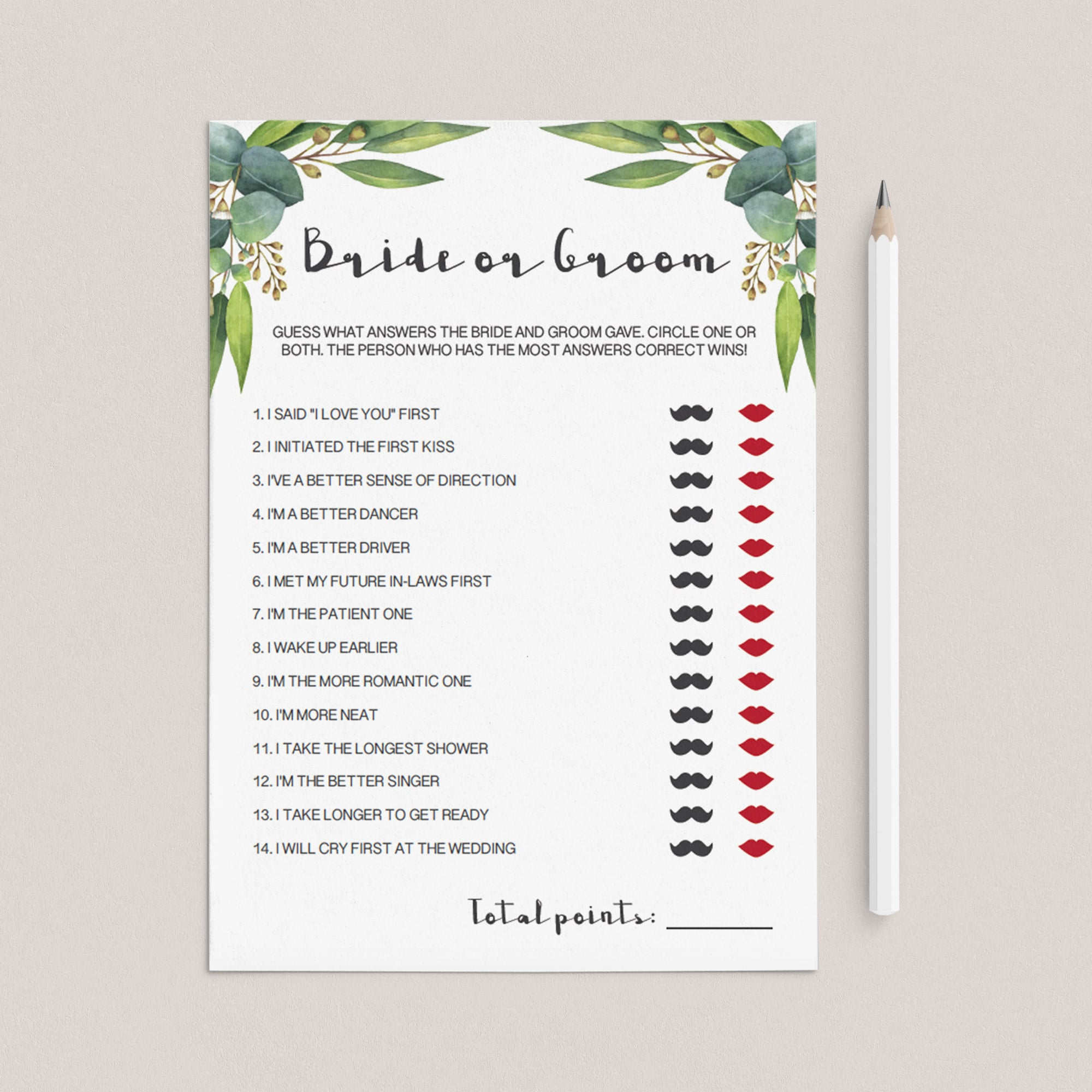 green leaves wedding party games instant printable