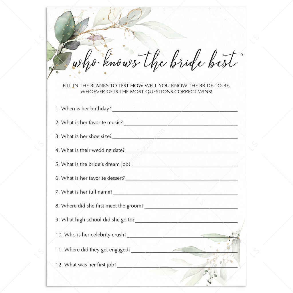 Greenery Bridal Shower Game Who Knows The Bride Best | Printable ...