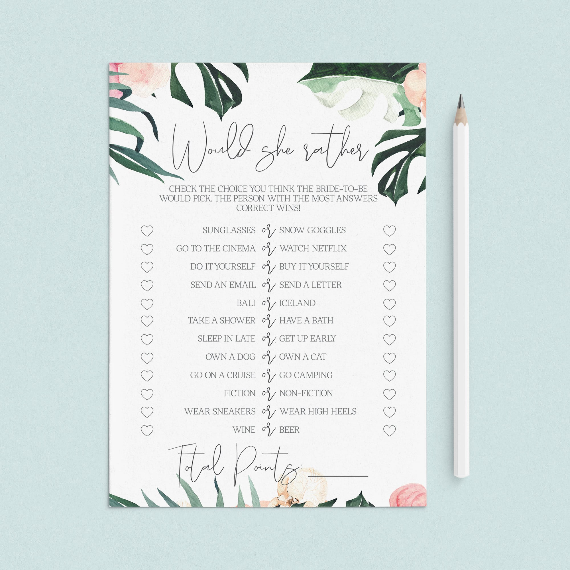 Summer Bridal Shower Game Would She Rather Printable by LittleSizzle