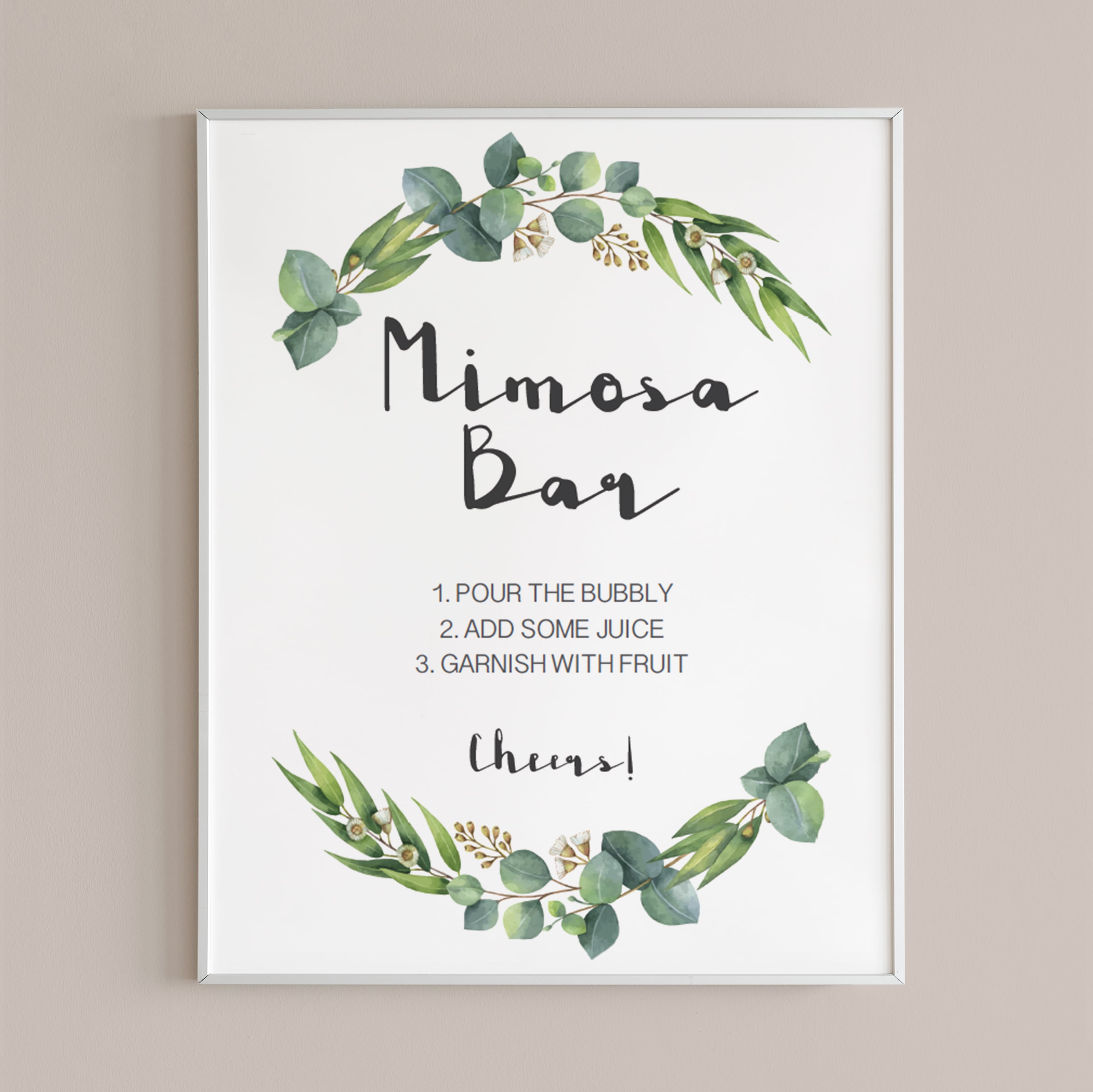 Printable mimosa bar table sign watercolor green leaf by LittleSizzle