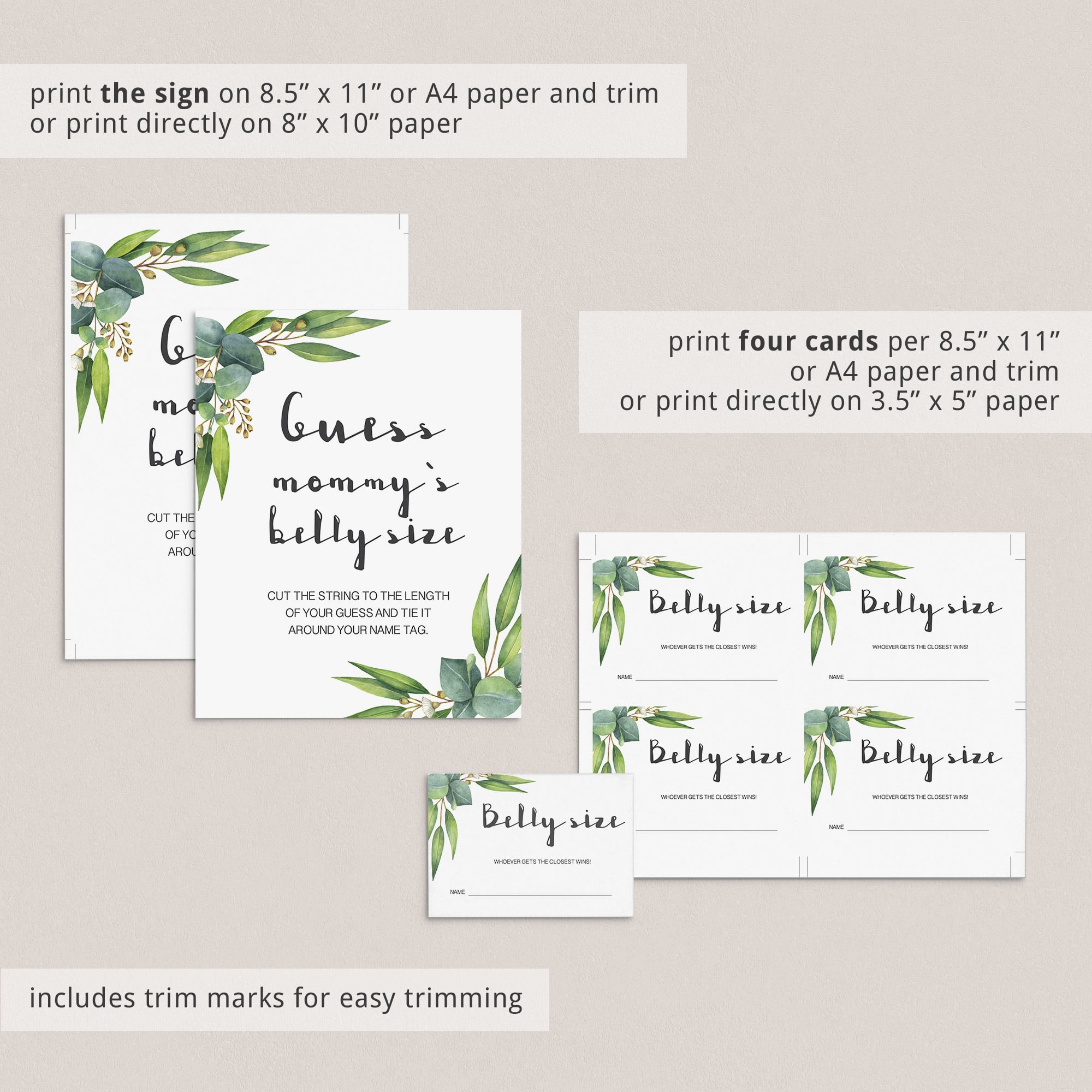 Watercolor green leaves baby shower sign guess the belly size by LittleSizzle