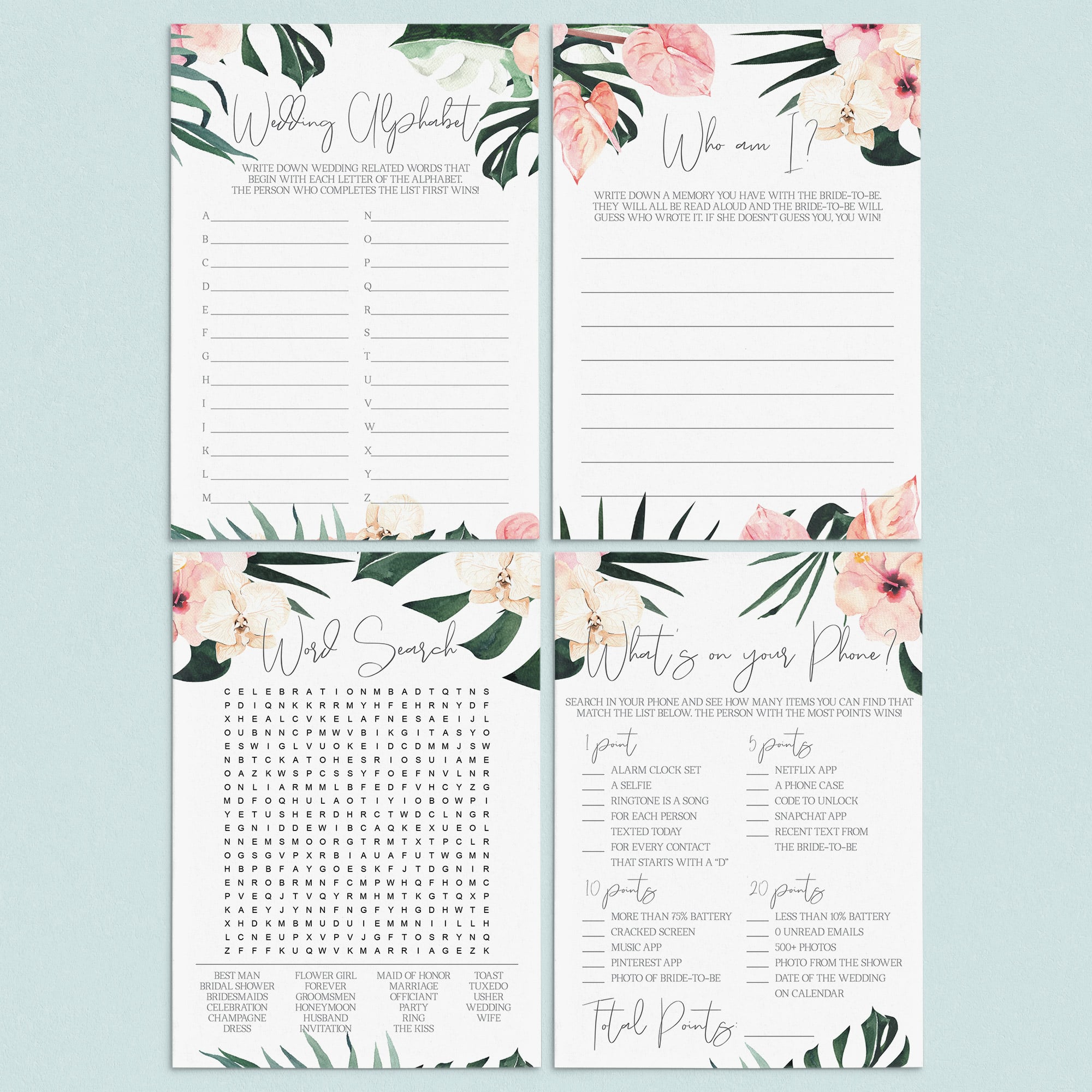 Tropical Theme Bridal Shower Games Pack Printable by LittleSizzle
