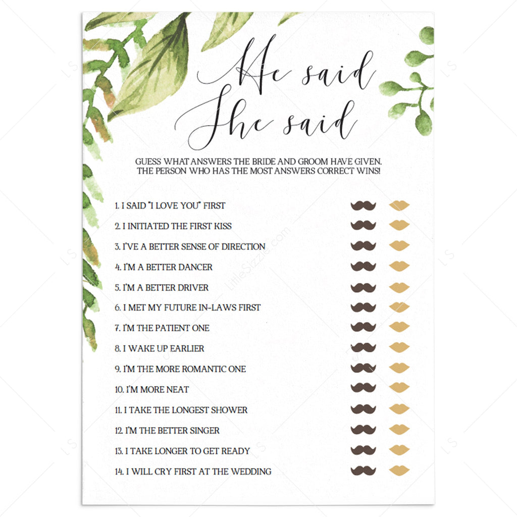 Gold and Green Bridal Shower He Said She Said Game Editable PDF – LittleSizzle gold-and-green-bridal-shower-he-said-she-said-game-editable-pdf-littlesizzle