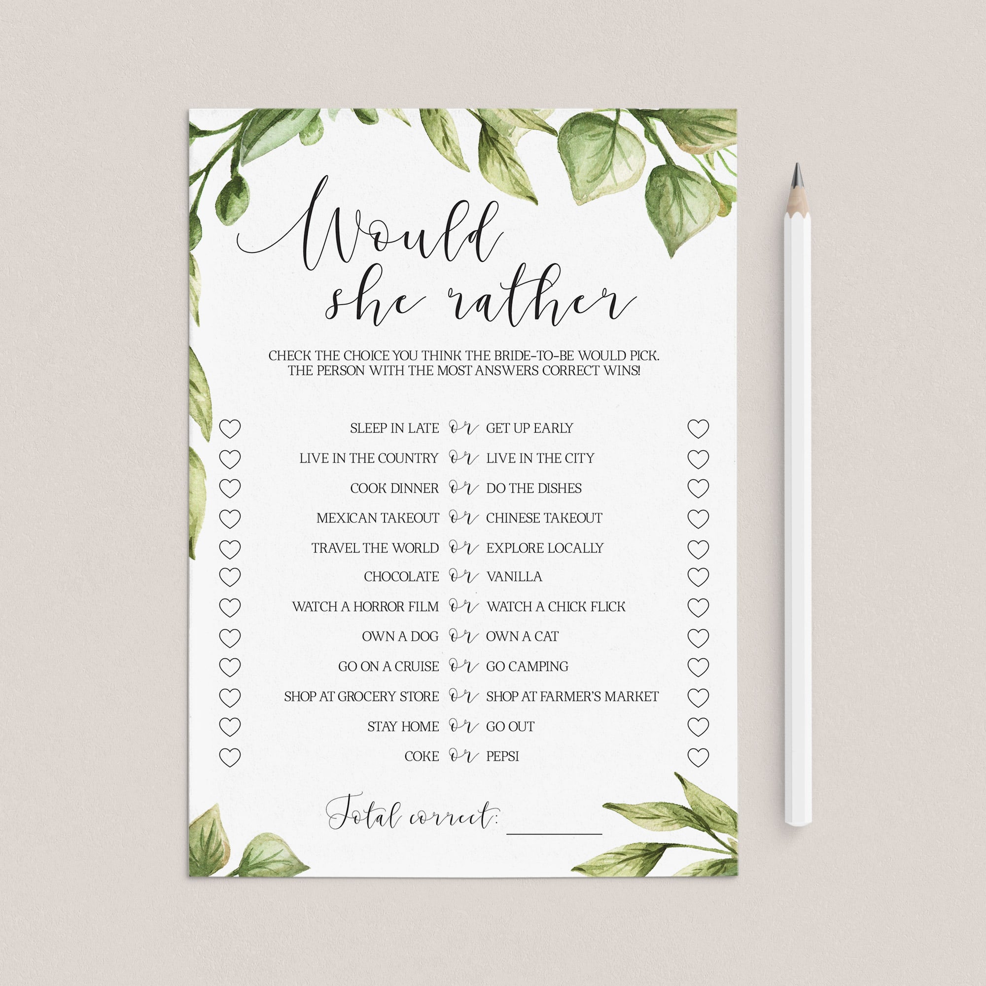 botanical wedding shower guessing games printable