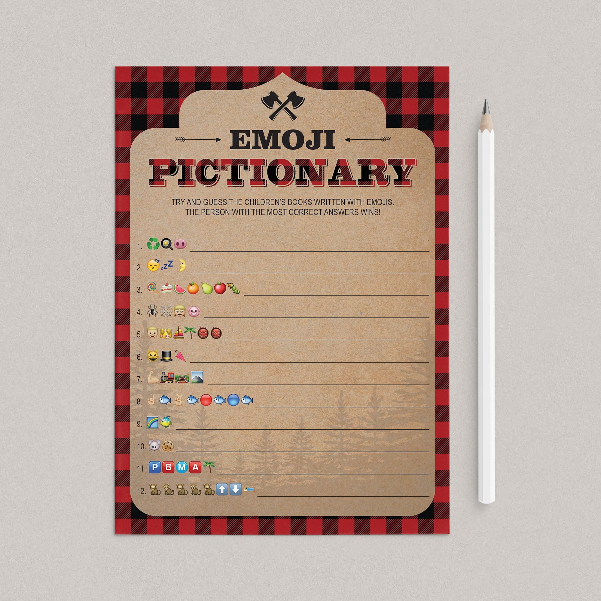 Lumberjack shower emoji pictionary printable by LittleSizzle