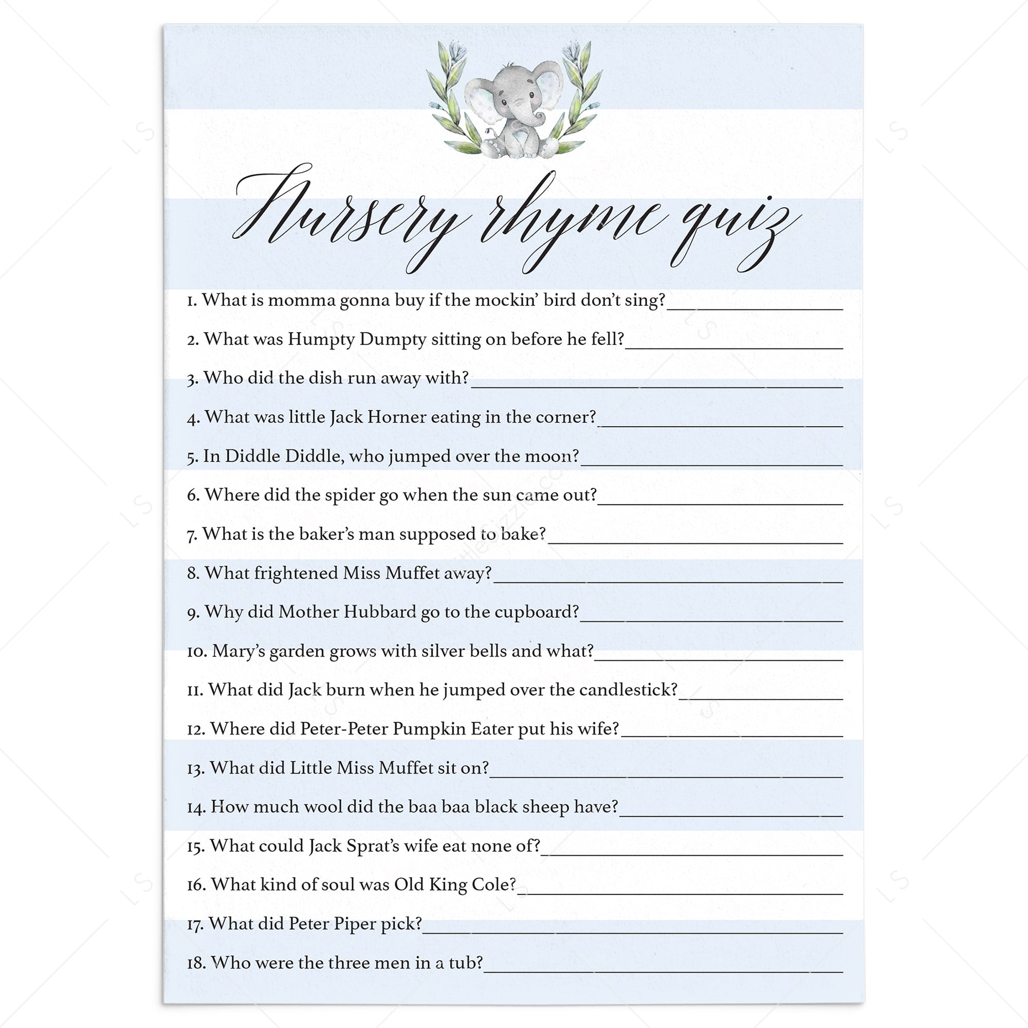 Printable Nursery Rhyme Quiz for boy baby shower by LittleSizzle