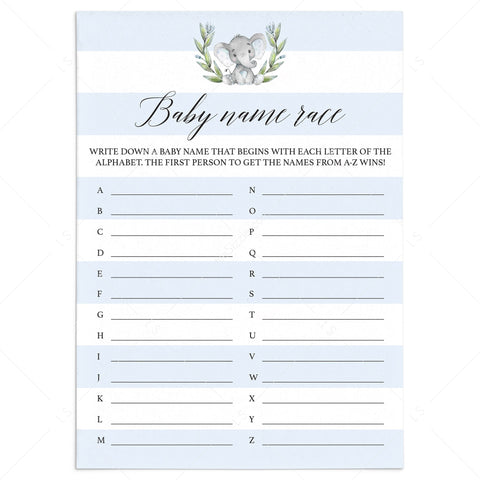 Little Elephant baby shower game A to Z Baby Names printable | Instant ...