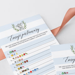 Blue and white baby shower emoji game printable by LittleSizzle