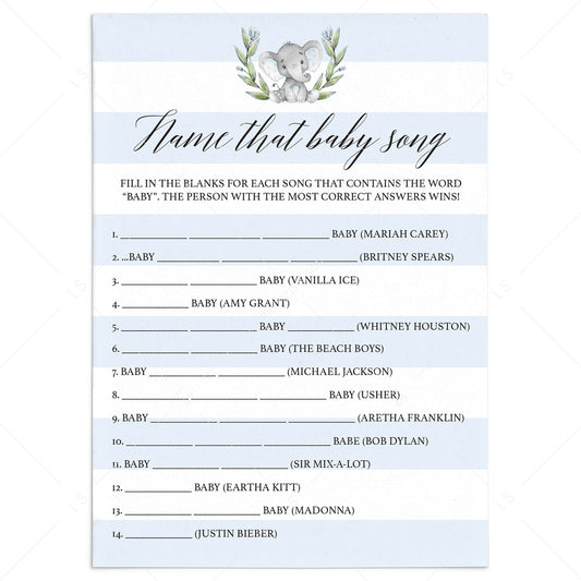 Elephant baby shower theme games name that baby song printable by LittleSizzle