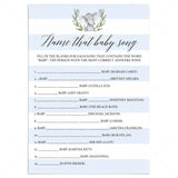Elephant baby shower theme games name that baby song printable by LittleSizzle