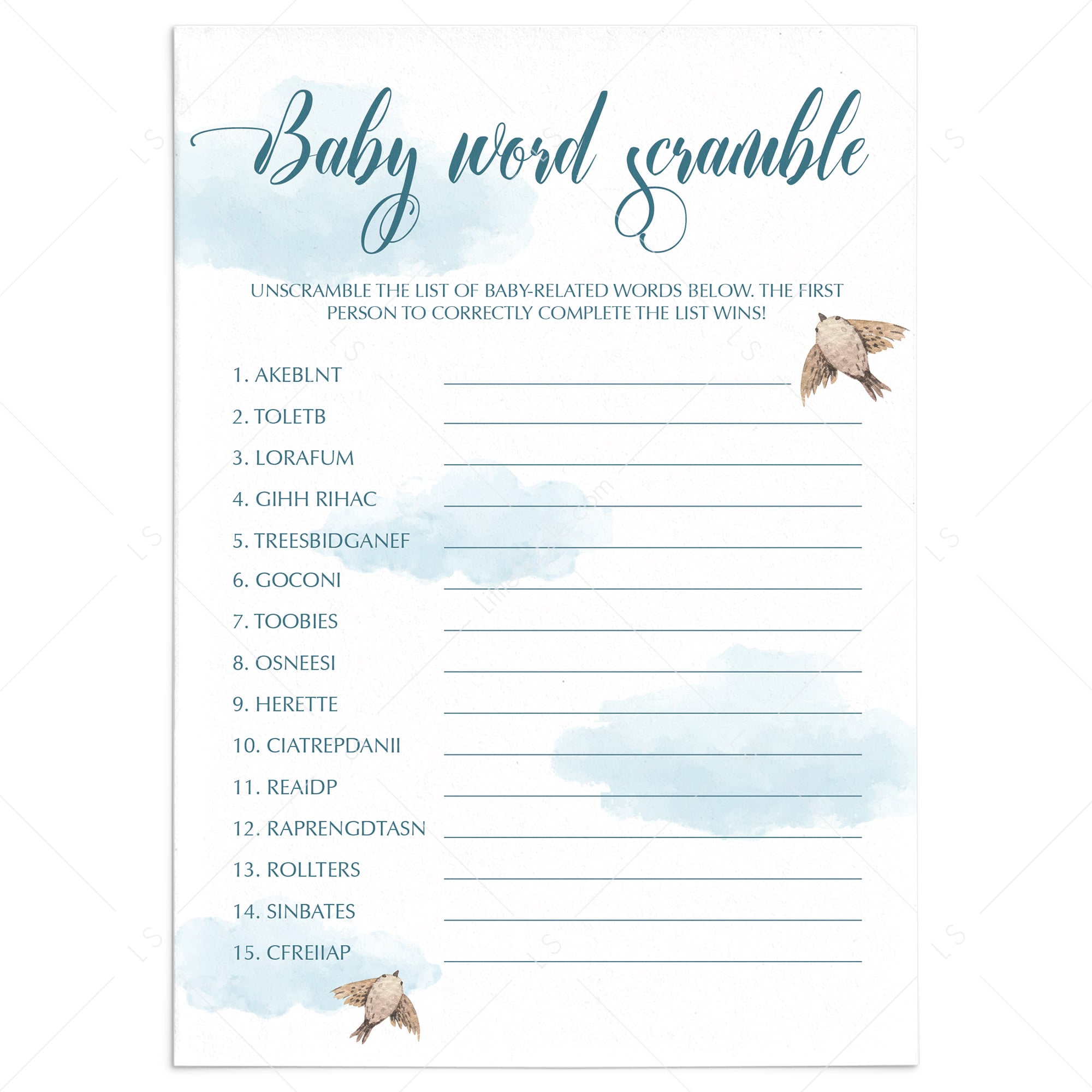Blue clouds baby party word scramble game printable by LittleSizzle