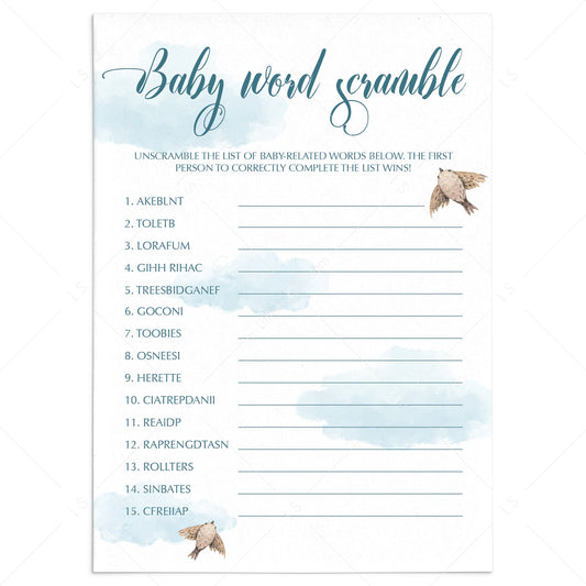 Blue clouds baby party word scramble game printable by LittleSizzle